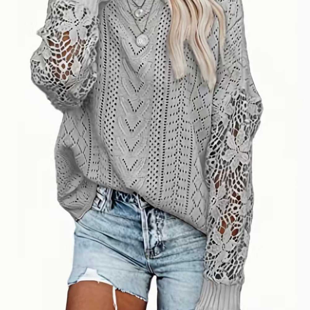Light Gray Crochet-Sleeve Knit Sweater - Women